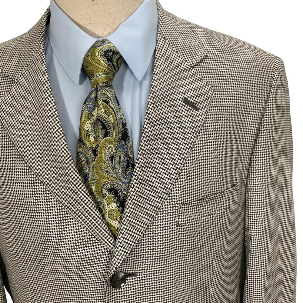 Stafford‎ Blazer Men 42R Black Houndstooth 3 Button Silk Wool Classic Jacket